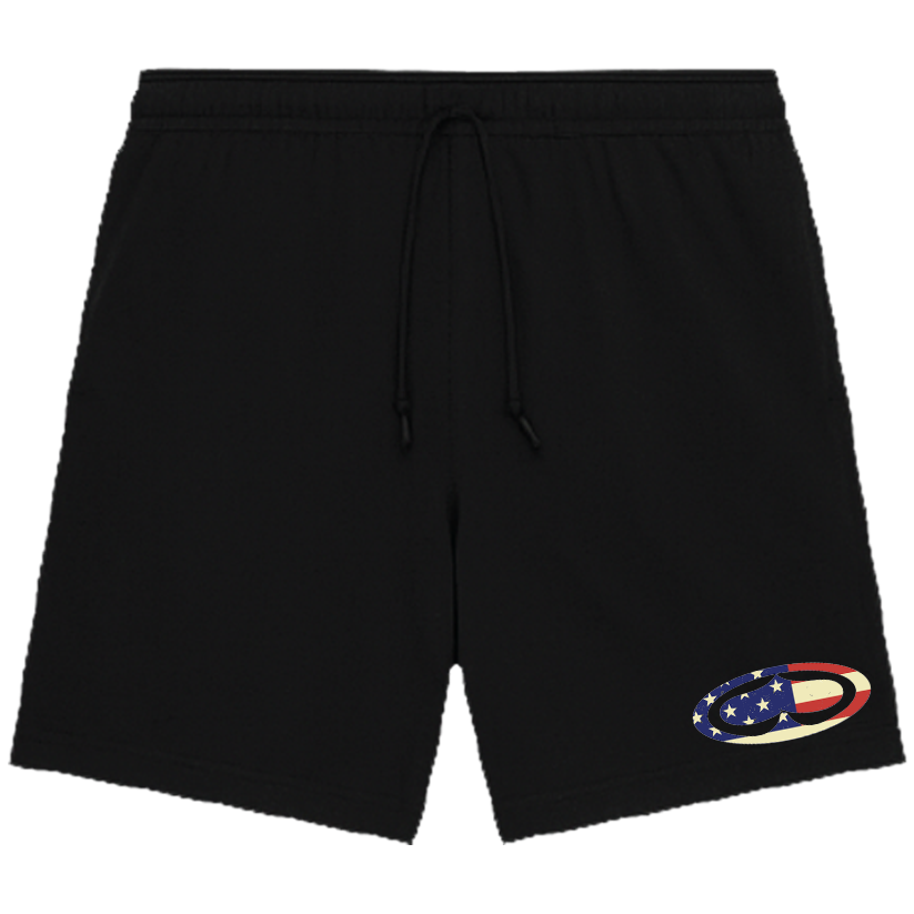 Black shorts with a small american flag SRH logo