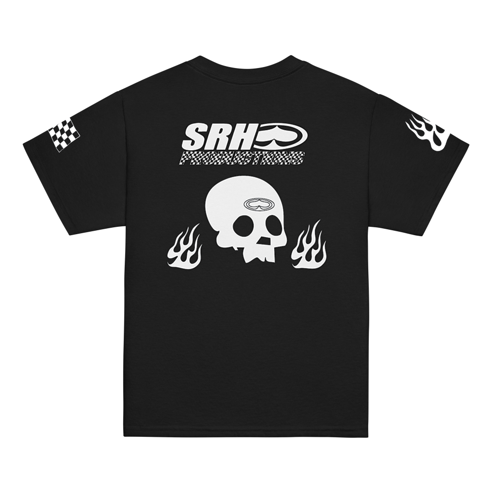 Black SRH t-shirt with white graphics and text on a white background